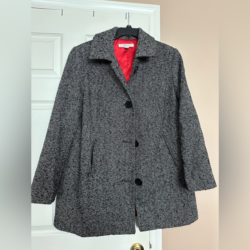 Black Birdseye Pea Coat with Red Silk Lining – Classic & Chic!